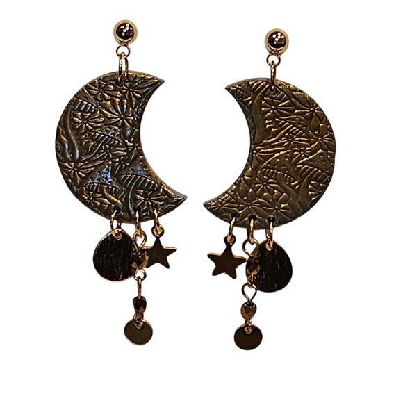 Moon Dangle Earrings Mushroom Embossed Boho Cottagecore Witchy Polymer Clay - Picture 1 of 5